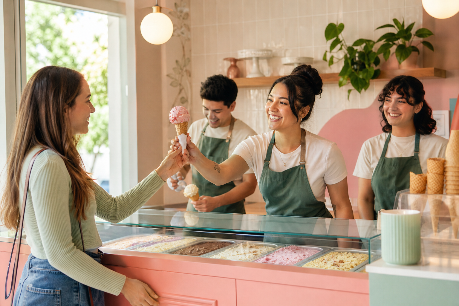 Ice cream shop team serving a customer