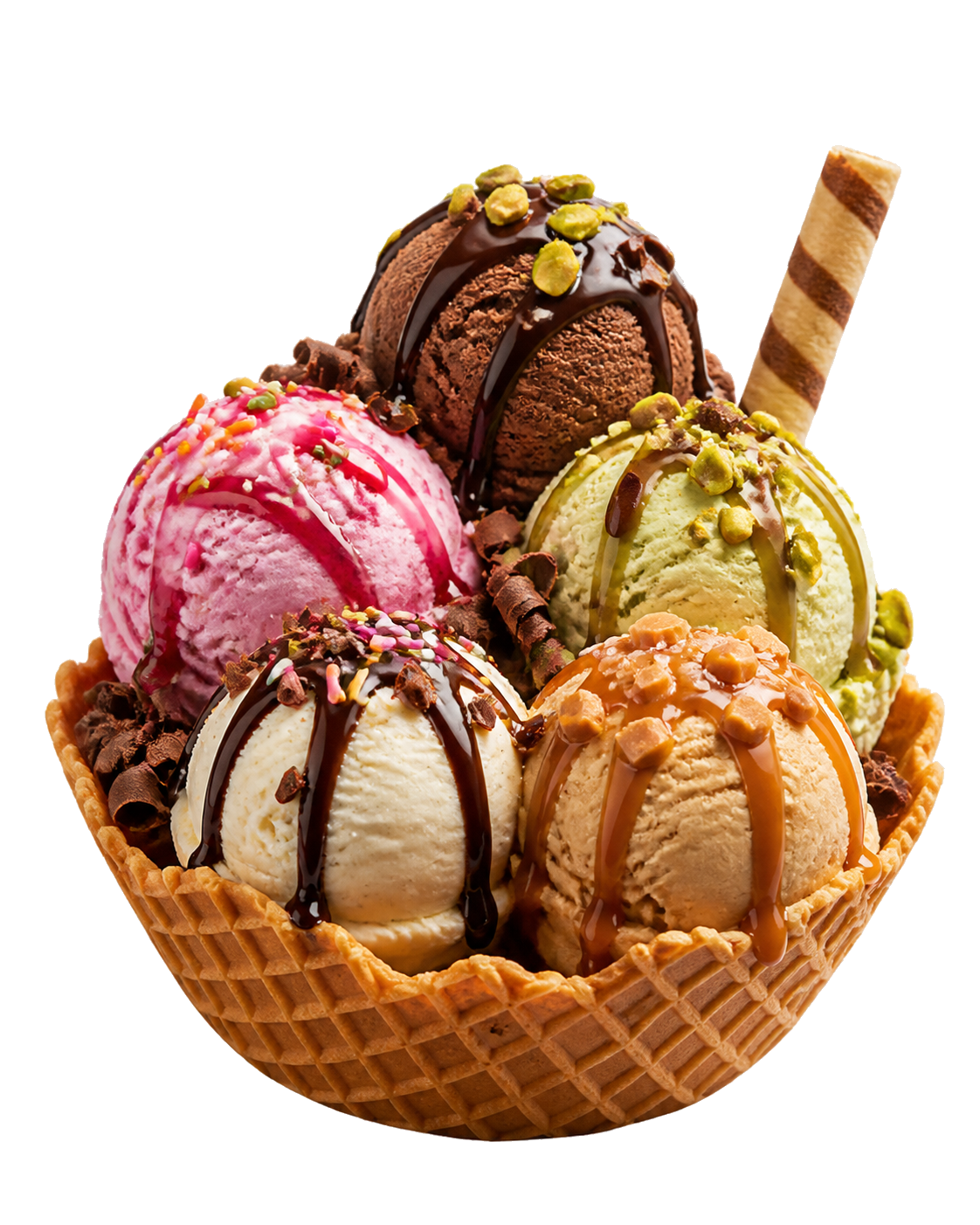 Five-flavor ice cream waffle bowl with sauces, nuts, chocolate curls, sprinkles, and a wafer roll