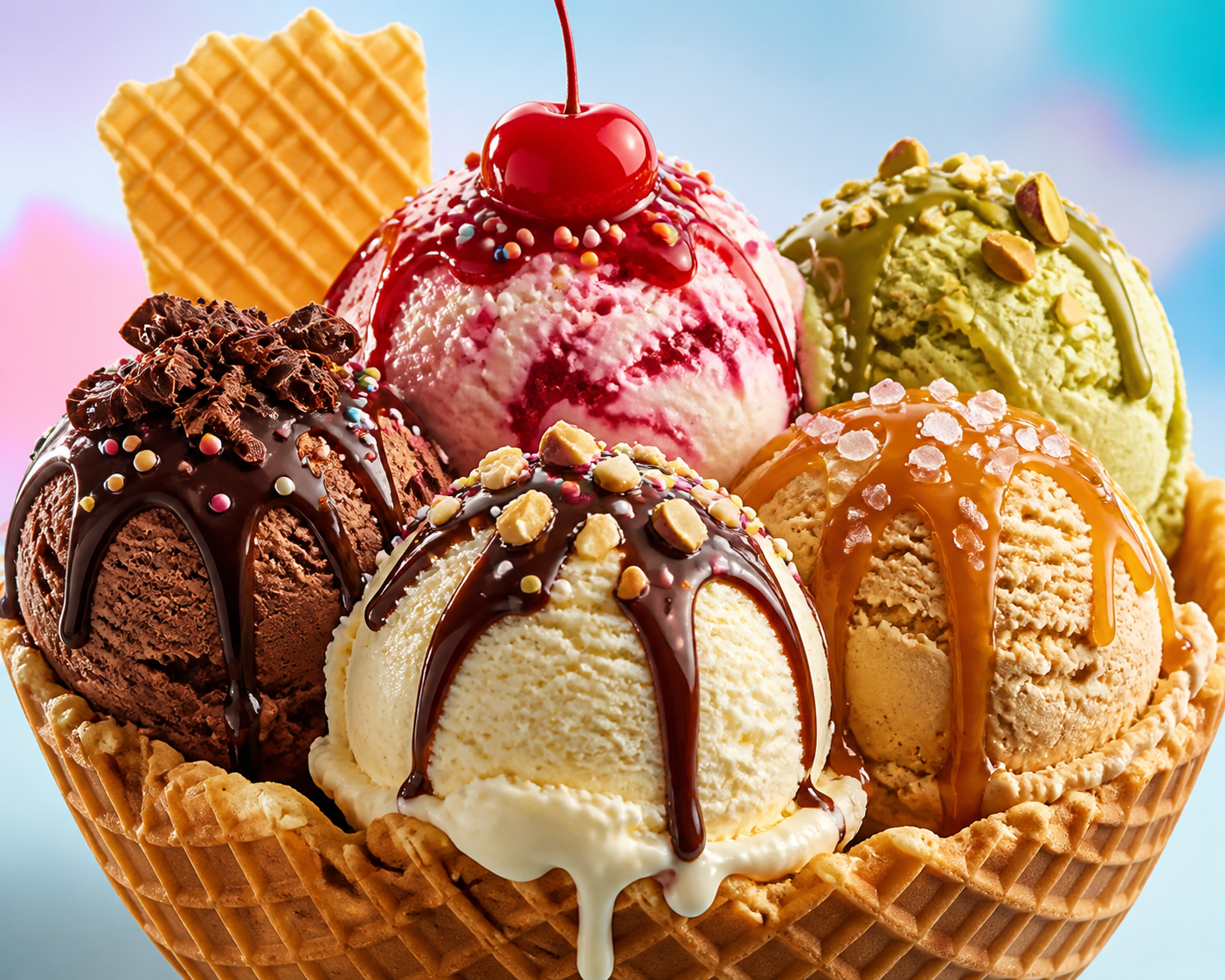 Close-up five-flavor waffle bowl