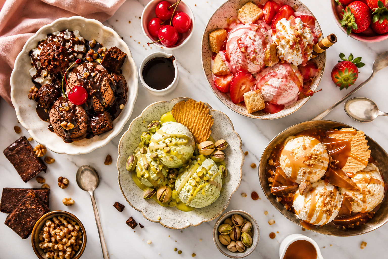 Overhead spread of gourmet ice cream sundaes