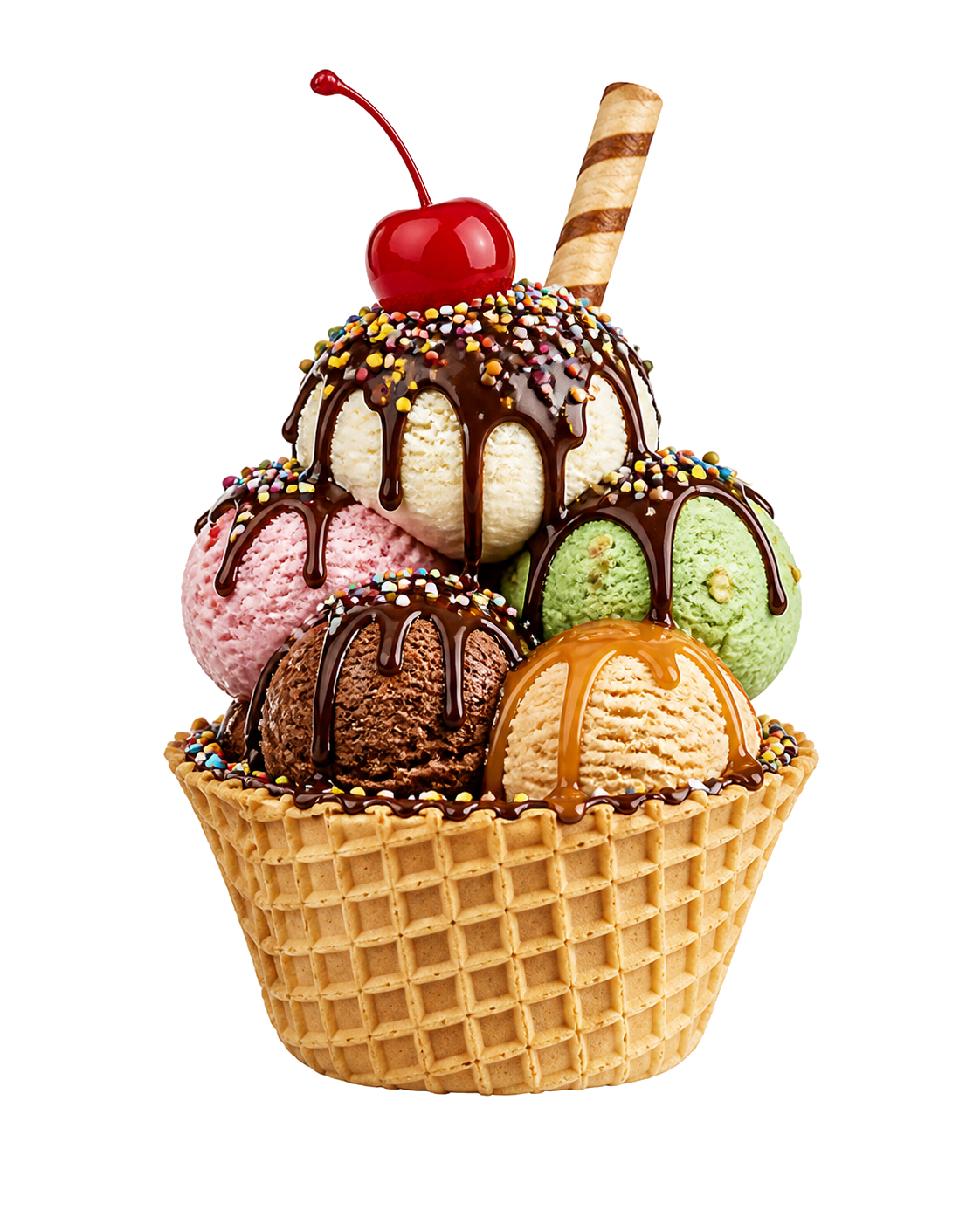 Extravagant four-flavor ice cream cone tower